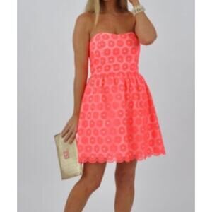 Lilly Pulitzer Peyton Strapless Fit & Flare Dress Pink Gold Pinwheel Lace Size 4